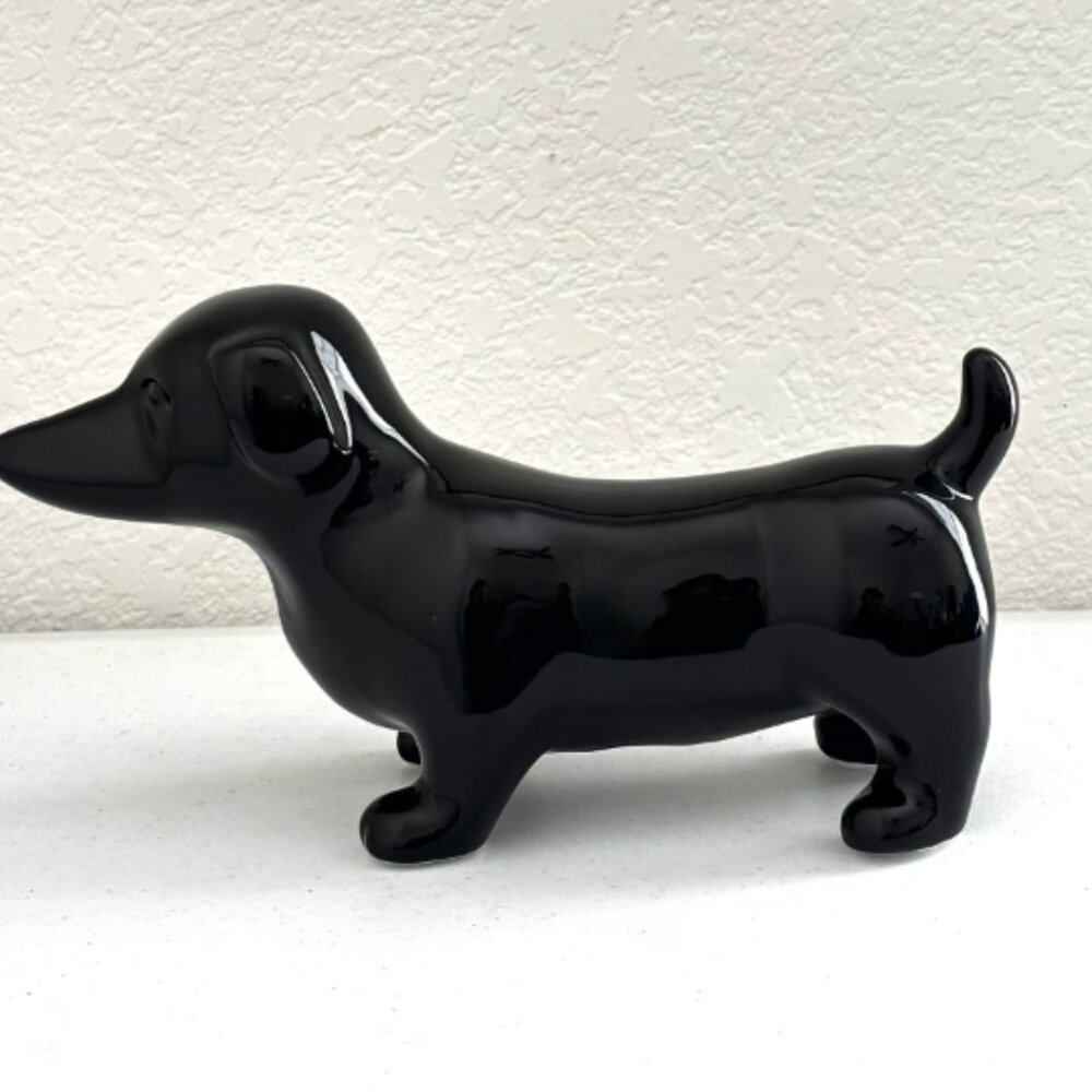 Vintage Black Glazed Ceramic Dachshund dog figurine 6" tall